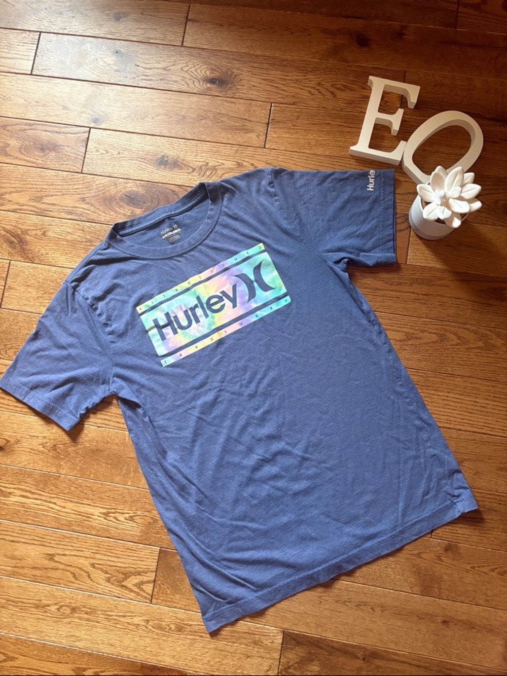 Hurley Men's Blue Short-Sleeve Logo Tee with Multicolor Graphic